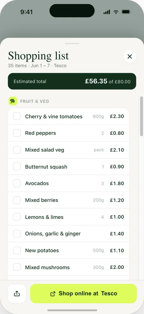 Shopping list grouped by aisle