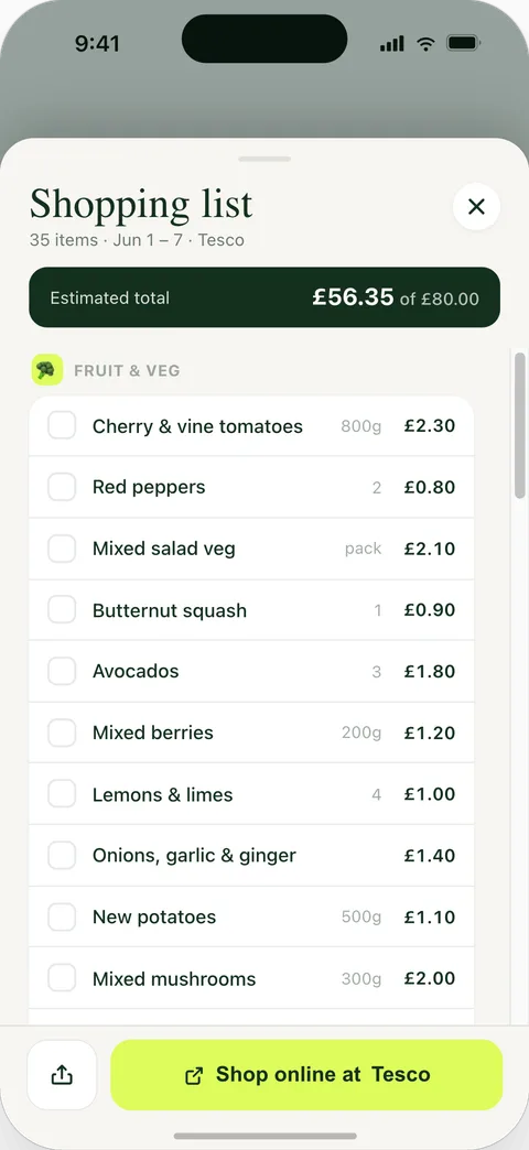 Shopping list grouped by aisle