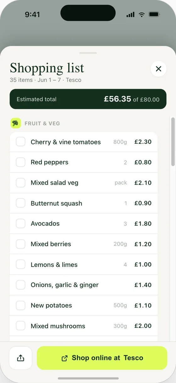 Shopping list grouped by aisle